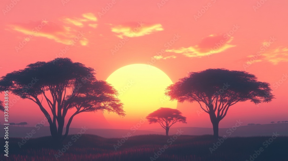 Serene Sunset over the African Savanna. A breathtaking landscape painting of a vibrant sunset over a savanna with tall trees. Serene Sunset over the African Savanna. A breathtaking landscape painting of a vibrant sunset over a savanna with tall trees.