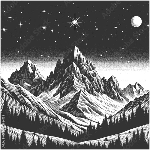 mountain range beneath a starry night sky with a crescent moon and shooting stars. Dreamlike and serene scene sketch engraving generative ai vector illustration. Scratch board. Black and white image.