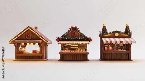Charming Wooden Christmas Market Stalls. Festive Holiday Decor