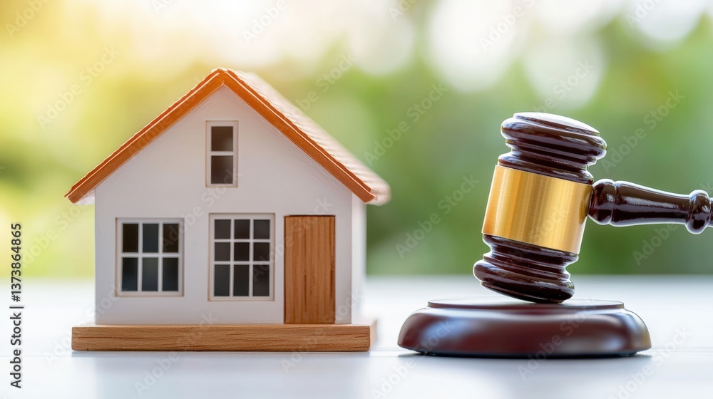 A miniature house model next to a gavel symbolizes real estate law and property disputes. A miniature house model next to a gavel symbolizes real estate law and property disputes.