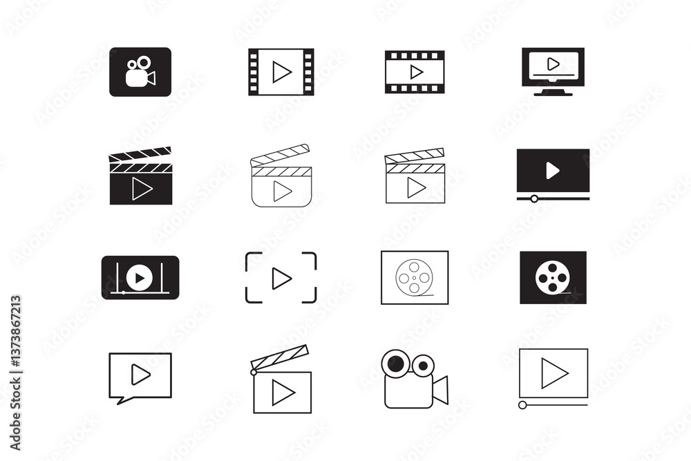 Video player icon set. Containing play or start button, pause or stop, media, camera, live, cinema, multimedia, film, handycam, clapperboard, movie, streaming or online video. Vector illustration Video player icon set. Containing play or start button, pause or stop, media, camera, live, cinema, multimedia, film, handycam, clapperboard, movie, streaming or online video. Vector illustration