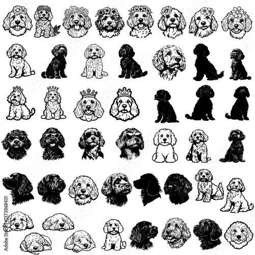  Pack Cockapoo Dog Silhouette, Cockapoo Dogs Bundle, Cockerpoo Puppies, Cockapoo Decal Outline, Cães Raça Vector