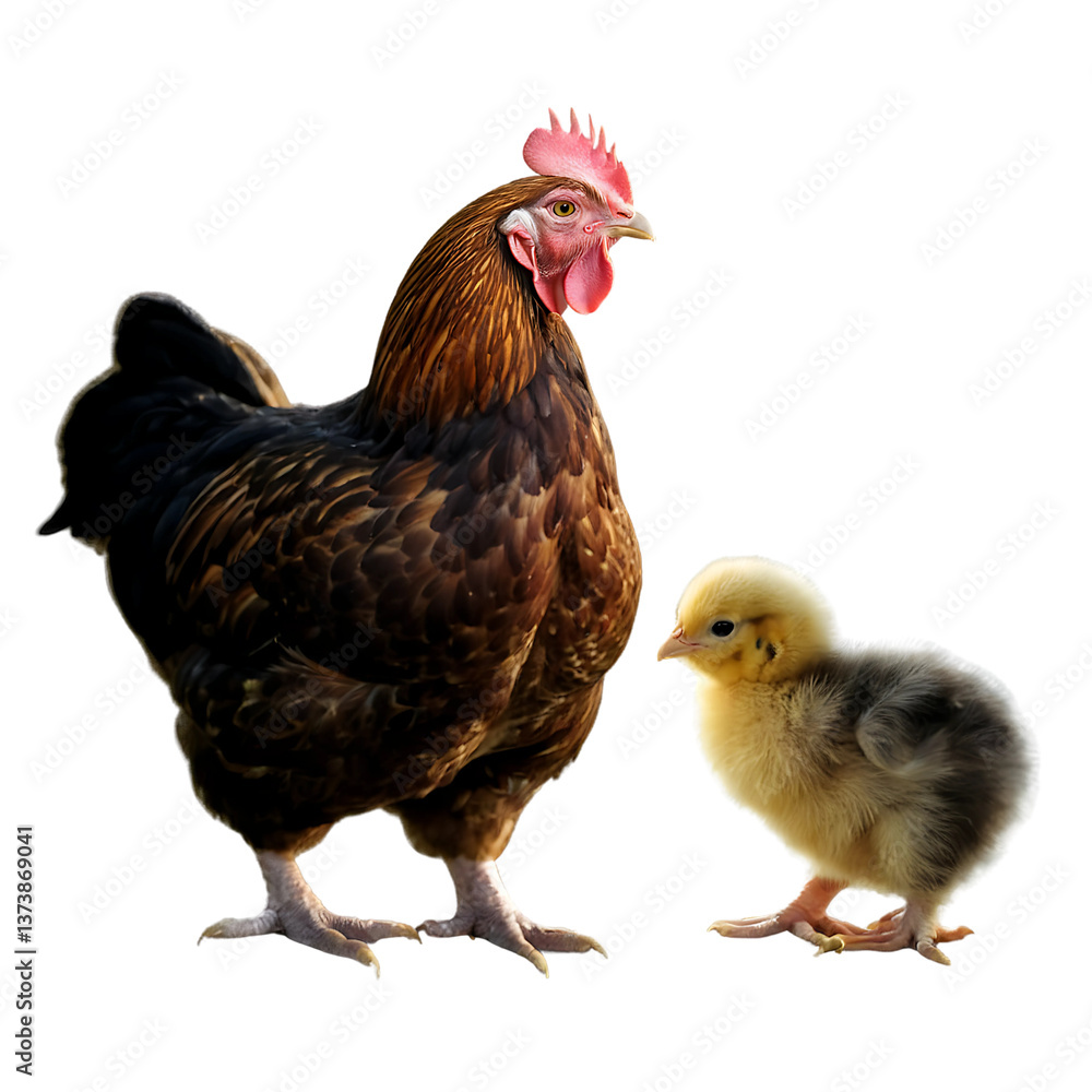 Fototapeta premium Protective Mother Hen Standing with Her Chicks on Transparent Background