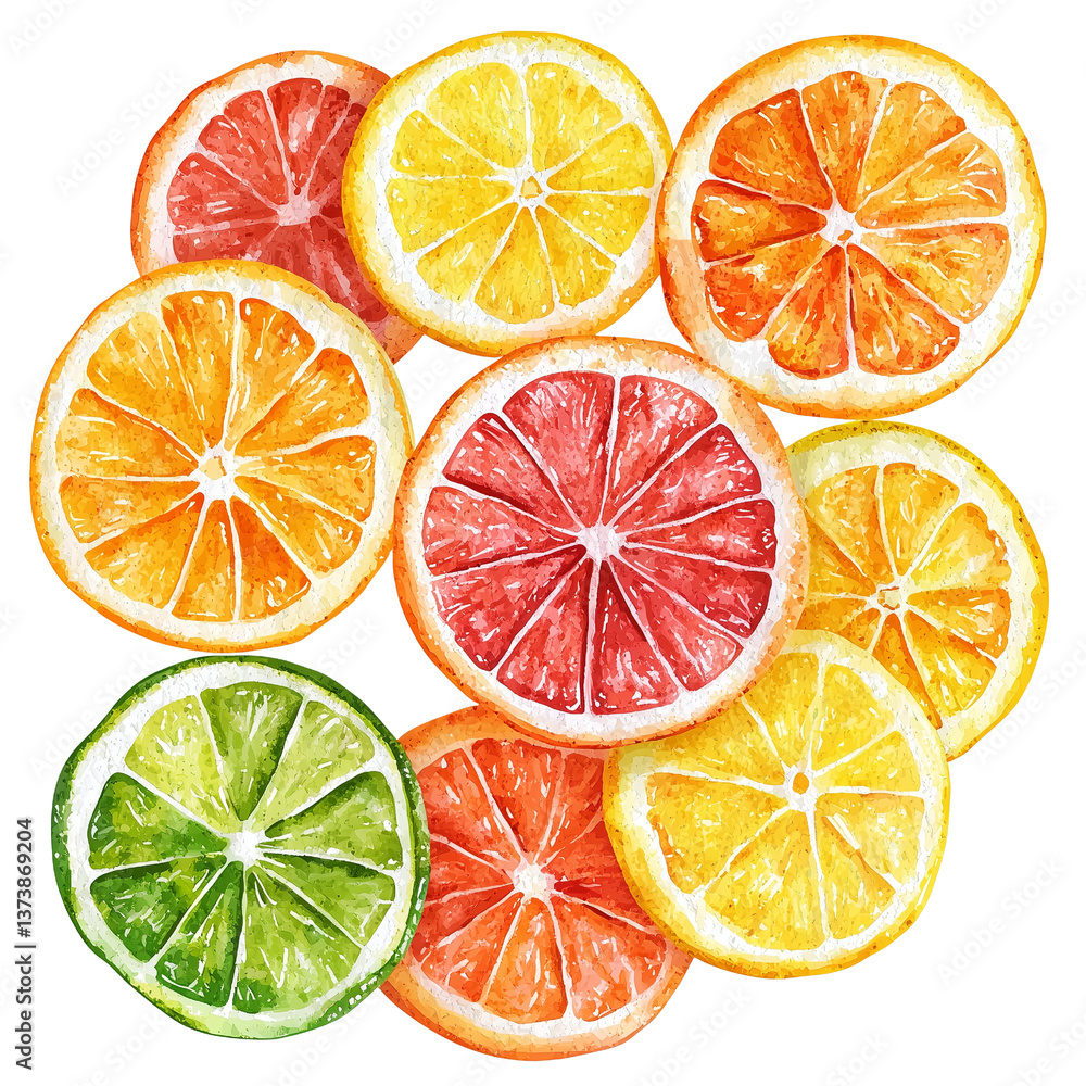 Fototapeta premium Colorful citrus fruit slices of orange, lemon, lime and grapefruit, watercolour clipart illustration isolated on a transparent background