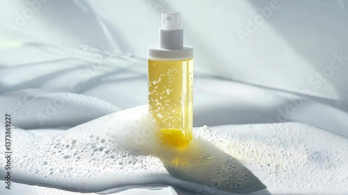 A clear beauty product that contains a split of yellow oil and water with thick foamy suds. v2
