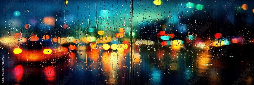 Naklejka premium Blurred headlights from car traffic reflect on windows during a rainy autumn night. 