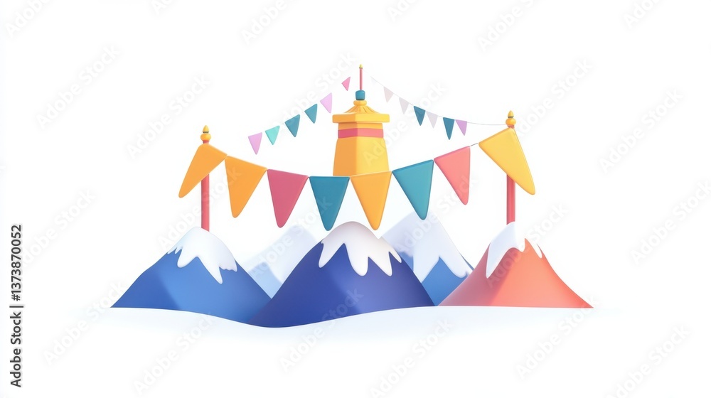 Colorful Mountain Festival Scene with Flags Colorful Mountain Festival Scene with Flags