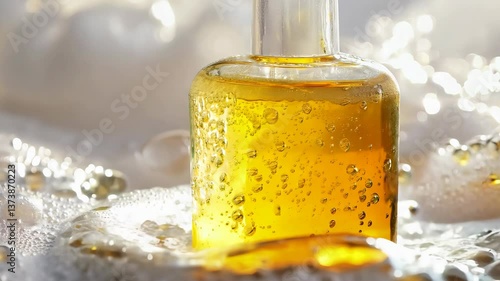 A clear beauty product that contains a split of yellow oil and water with thick foamy suds. v1