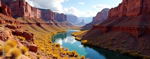 A breathtaking view of Canyon Zhabyr, with its towering red rock formations and winding river,  travel,  Central Asia