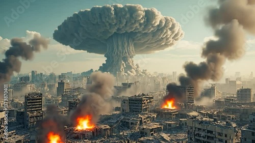 Nuclear Explosion Over Destroyed City with Fire and Smoke
