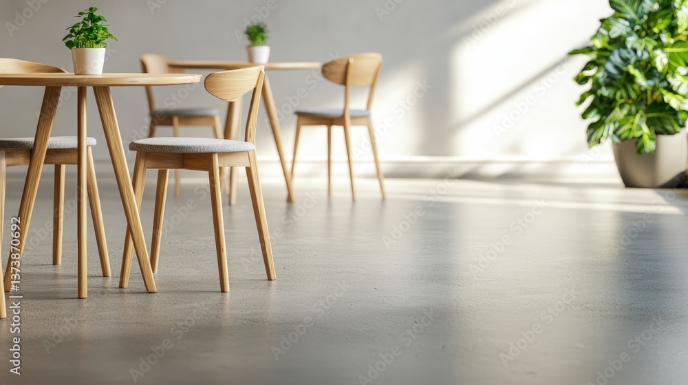 Fototapeta premium A serene interior featuring wooden tables and chairs, complemented by potted plants, creating a calm and inviting atmosphere.
