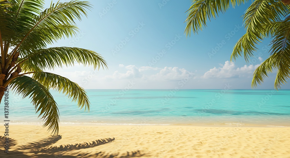 Paradise Found: A serene tropical beach scene framed by lush palm trees under a vibrant blue sky, with soft sunlight and gentle waves. Paradise Found: A serene tropical beach scene framed by lush palm trees under a vibrant blue sky, with soft sunlight and gentle waves.