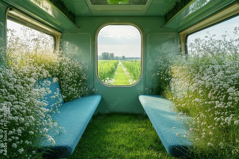 Abandoned train overgrown with wildflowers and grass connecting nature and transportation through peaceful transformation