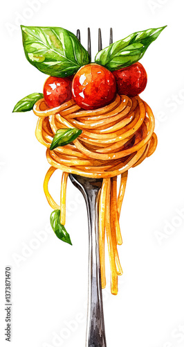 Spaghetti twirled on fork with cherry tomatoes and basil leaves, watercolour clipart illustration isolated on a transparent background