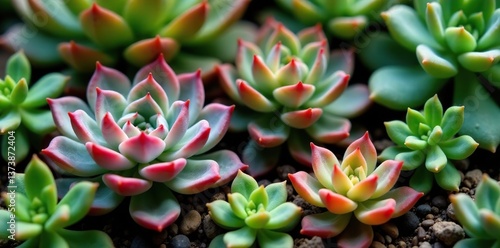 A close-up shot of a beautifully arranged succulent garden, showcasing the vibrant colors and unique textures of the plants,  growth,  texture