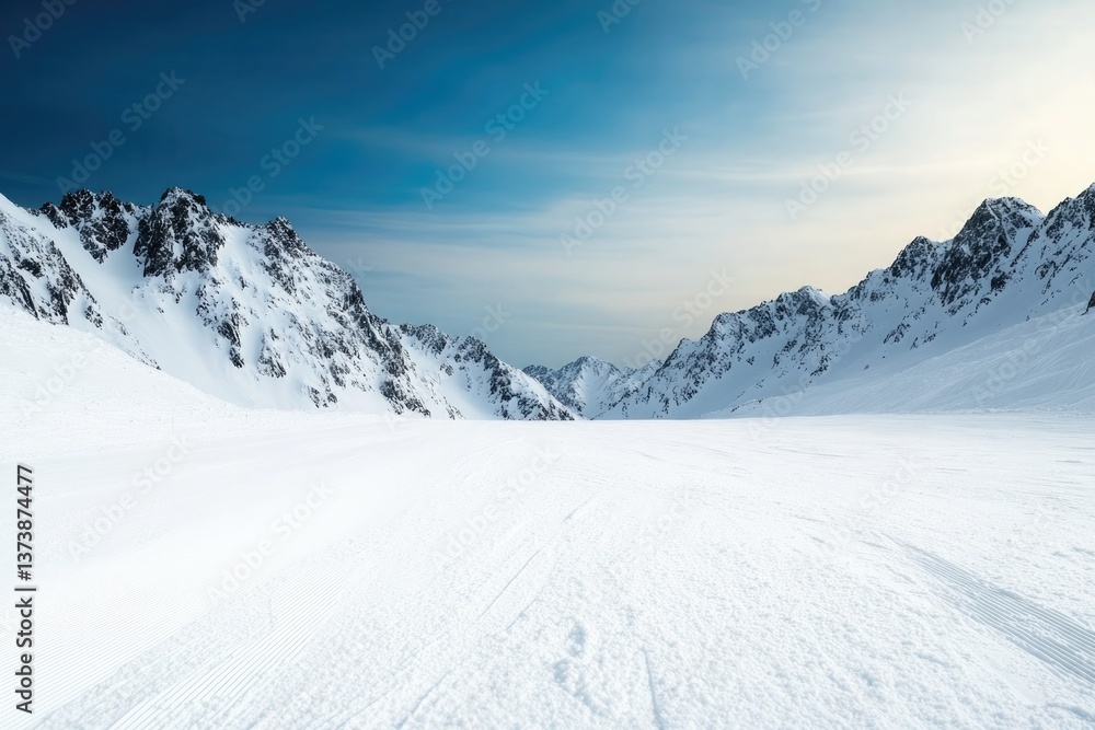 Snow-covered mountains create serene and vast landscape under cl Snow-covered mountains create serene and vast landscape under cl