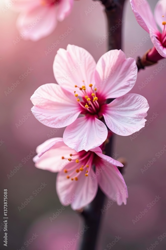 Fototapeta premium A close-up shot of delicate cherry blossom petals against a blurred background, symbolizing the beauty of spring, pink, spring