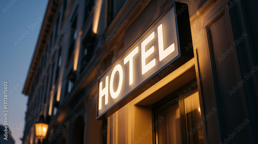 Obraz premium Elegant hotel sign illuminated at dusk showcasing welcoming atmosphere for travelers and tourists, hospitality concept