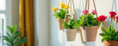 Wallpaper Mural A collection of hanging potted indoor flowers adding a touch of nature to home decor,  ropes,  potted Torontodigital.ca