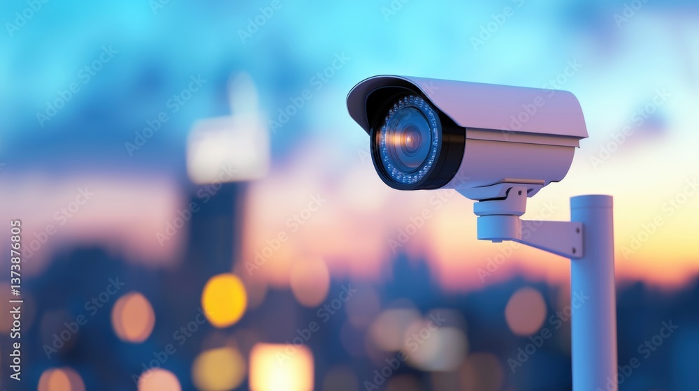 A security camera stands prominently against a blurred cityscape at dusk, highlighting urban surveillance technology. A security camera stands prominently against a blurred cityscape at dusk, highlighting urban surveillance technology.