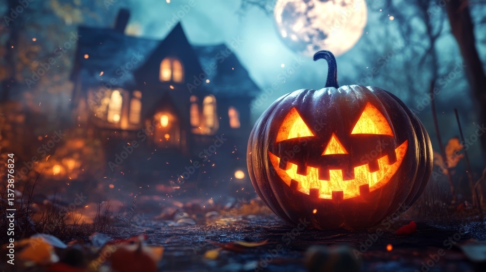 Eerie nightfall: illuminated jack-o'-lantern amidst a haunted house and the glow of a full moon. Eerie nightfall: illuminated jack-o'-lantern amidst a haunted house and the glow of a full moon.