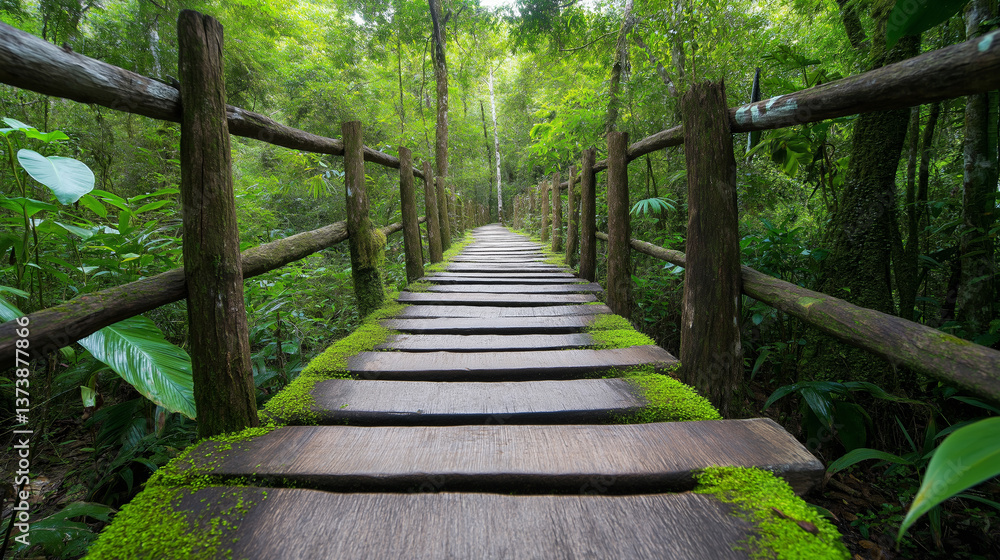 Obraz premium Lush green forest pathway with wooden planks surrounded by vibrant foliage and mossy textures inviting exploration and adventure in nature healthy living concept