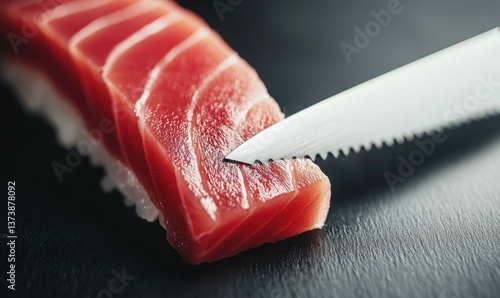 Close-up of tuna nigiri being prepared with a serrated knife, ready to be served in a restaurant.