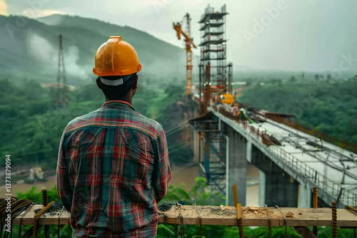 An Indian civil engineer inspecting a bridge under construction, holding a safety helmet