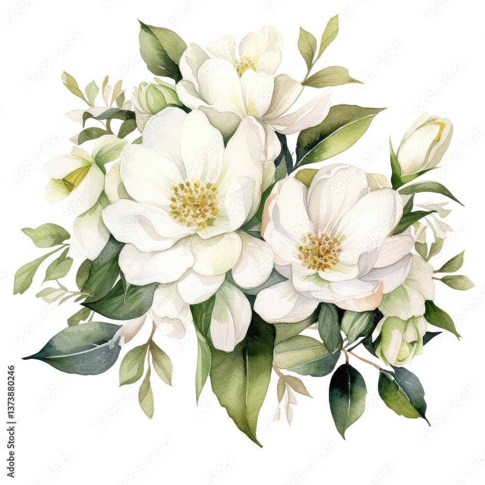 A beautiful arrangement of white flowers with green leaves, showcasing delicate petals and intricate details. A beautiful arrangement of white flowers with green leaves, showcasing delicate petals and intricate details.