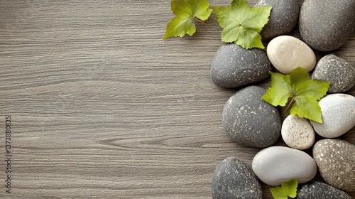 Wallpaper Mural A beautifully arranged wooden workspace with natural stone and leaf decorations Torontodigital.ca