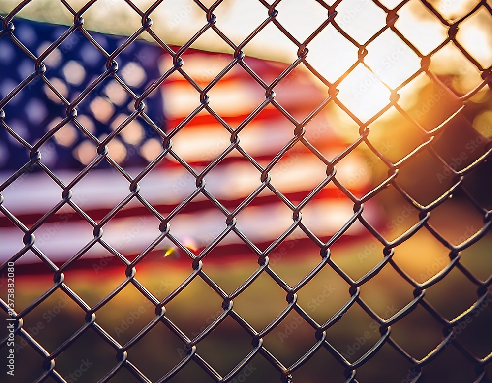 chain link fence with blurred usa flag in the background 3 chain link fence with blurred usa flag in the background 3