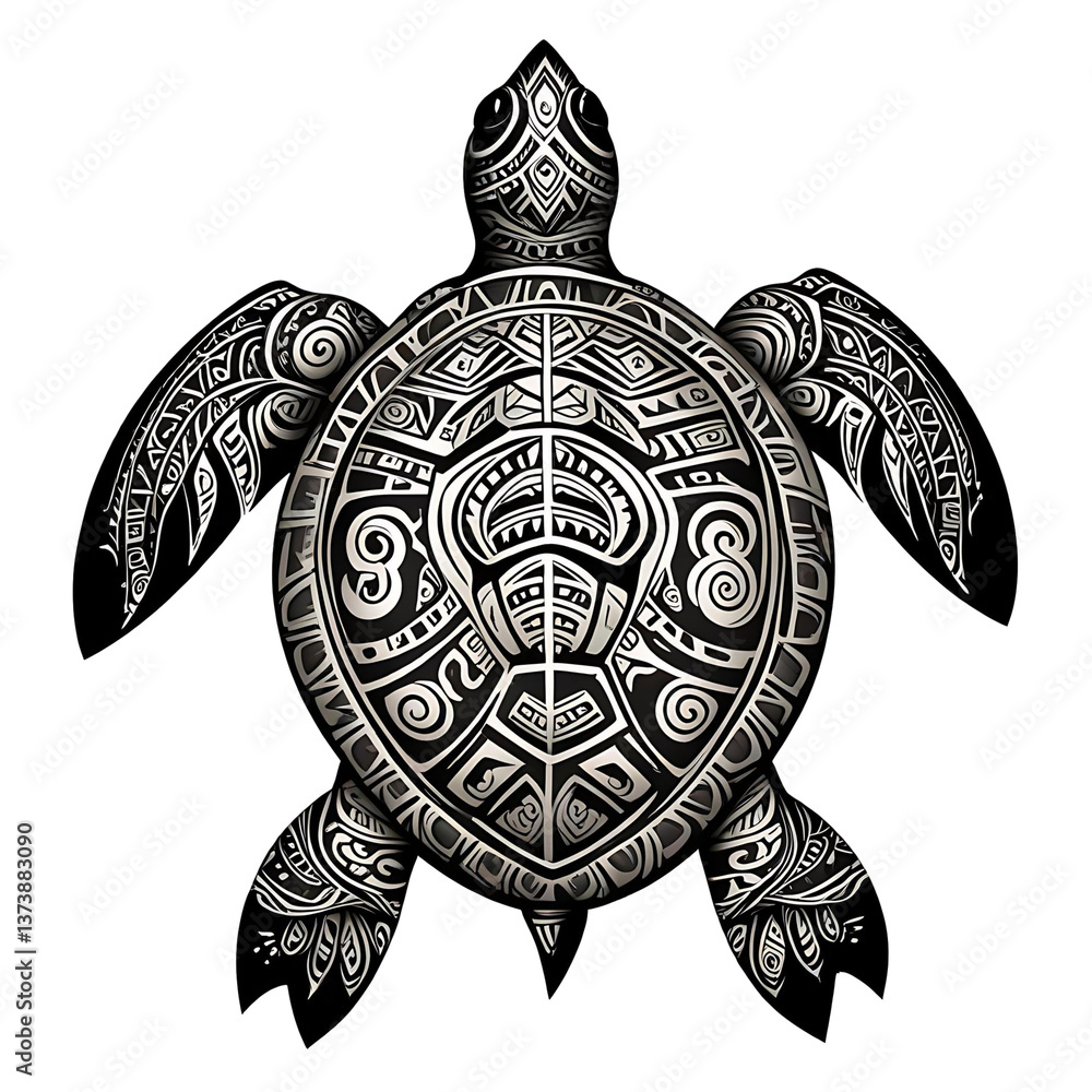 Fototapeta premium Tribal Turtle Design in Black and White – Polynesian Style Tattoo Illustration