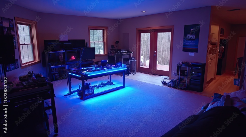 Photography studio showing multiple light setups, including backlight placement