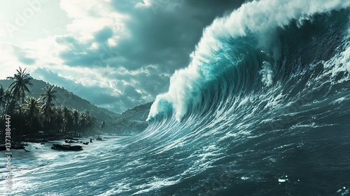Fototapeta Naklejka Na Ścianę i Meble -  Dramatic tsunamis ocean waves, sky threat, and sea impact. Concept of the environment, landscapes, tsunami and seismic sea wave.