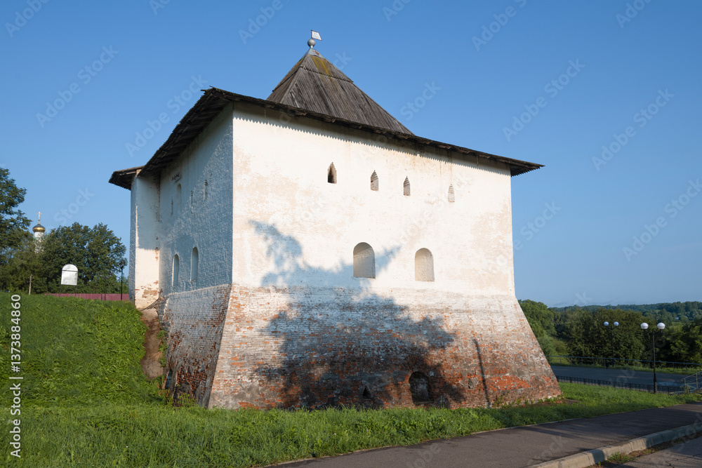 Fototapeta premium The ancient Spasskaya Tower of the Vyazma Kremlin on a sunny July day. Smolensk region, Russia