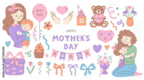 Mothers Day Elements Set. Hand drawn Holiday Clipart with happy woman hugging Holding child and celebration love symbols. Flat vector illustration