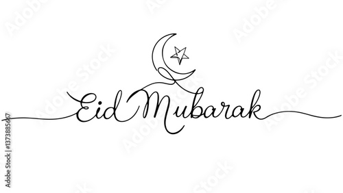 Continuous one line drawn of Eid Mubarak typography where a man under the Eid Moon praying. Moon, Star, Prayer, lantern, mosque. Vector isolated outline drawing. Simple and minimal design.
