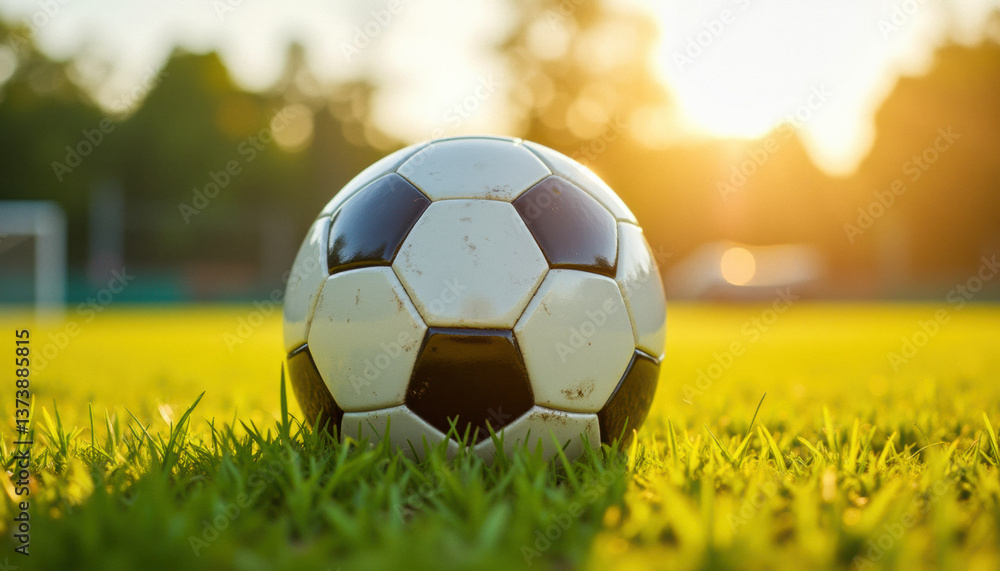 Fototapeta premium A soccer ball on the field in an inspiring moment. Promoting soccer, or association football.