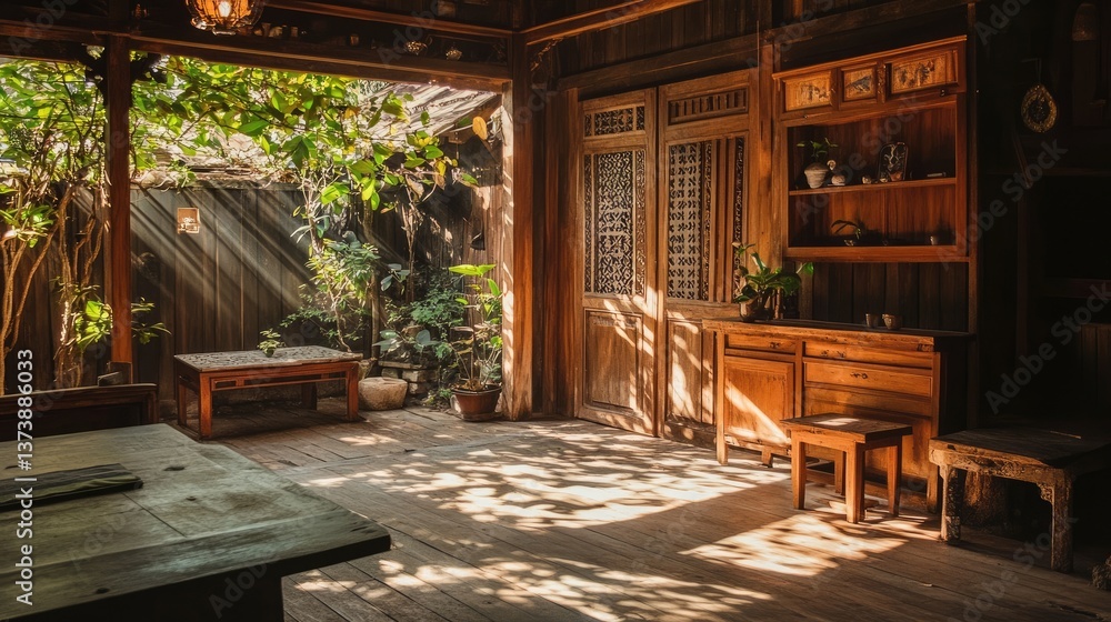 Fototapeta premium Sunlight filtering through leaves onto a wooden partition in a rustic interior