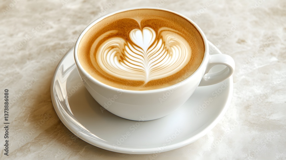 A cup of coffee adorned with latte art features a delicate heart and feather design, set on a saucer, creating a visually appealing beverage. A cup of coffee adorned with latte art features a delicate heart and feather design, set on a saucer, creating a visually appealing beverage.