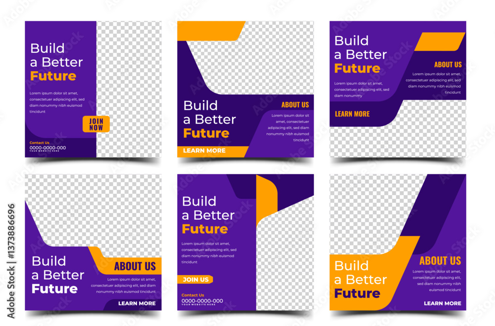Naklejka premium Set of square banner design template collection. Purple and orange color concept with geometric shape. Usable for social media post , card, and web ads.