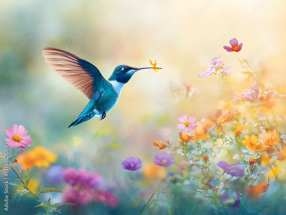 A vibrant hummingbird in flight, gracefully approaching colorful wildflowers in a sun-drenched meadow. Perfect for spring or summer themes. A vibrant hummingbird in flight, gracefully approaching colorful wildflowers in a sun-drenched meadow. Perfect for spring or summer themes.