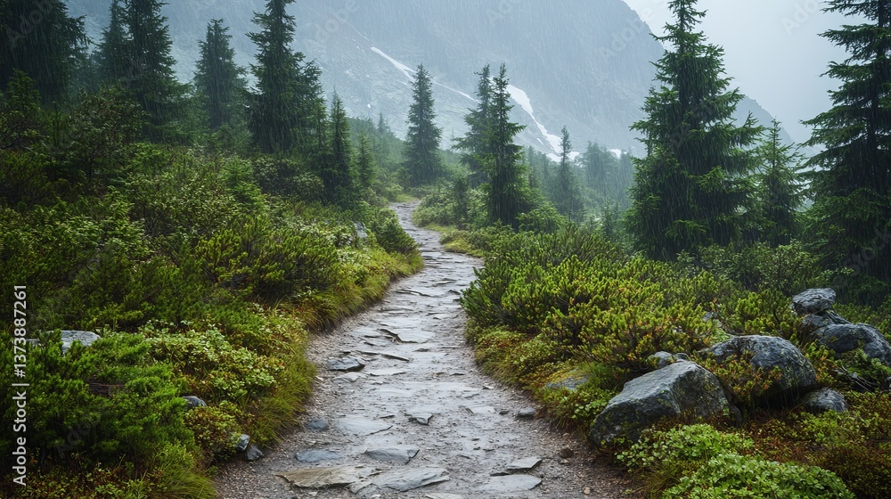 Obraz premium Hiking trail approaching a mountain station on a rainy day, perfect for adventure and nature photography