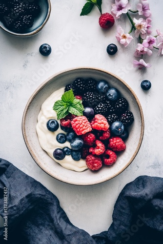 Yogurt bowl with mixed berries and mint on white surface with flowers and extra berries