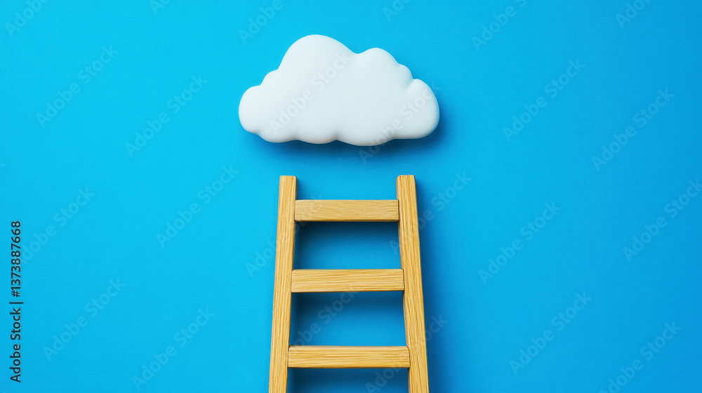 Wooden ladder reaching fluffy white cloud, blue background. Concept of dreams, goals, success, ambition. Generative AI Wooden ladder reaching fluffy white cloud, blue background. Concept of dreams, goals, success, ambition. Generative AI