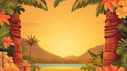 Tropical Floral Border with Wooden Tiki Mask
