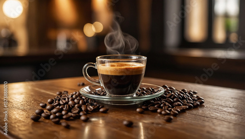 A rich and creamy espresso in a small glass cup, placed on a wooden table covered with freshly ground coffee and whole coffee beans.