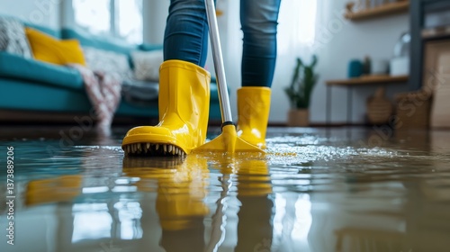 Person in yellow boots mopping a wet floor with soapy water