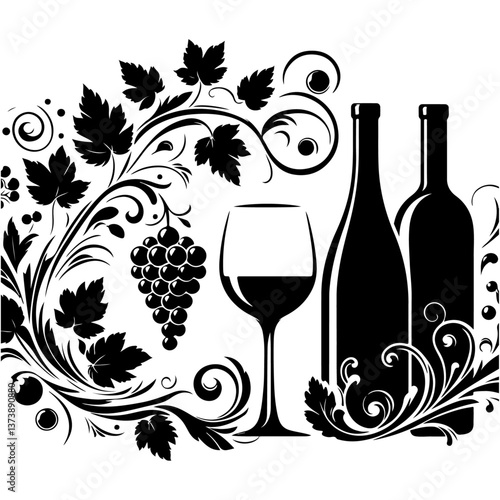 Vintage wine bottle with grapes and wine glass in a winery setting