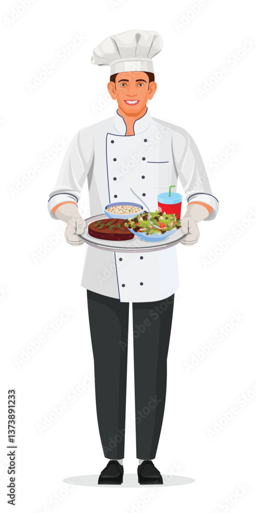 Chefs holding plate, Smiling male chef wearing chef uniform, food and restaurant concept, vector illustration Chefs holding plate, Smiling male chef wearing chef uniform, food and restaurant concept, vector illustration